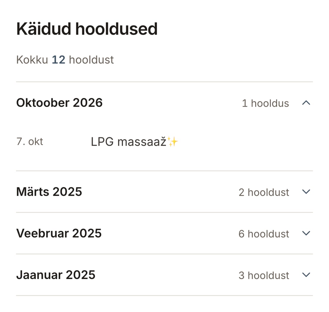 Kliendikonto vaade: k&auml;idud hooldused kuude kaupa.