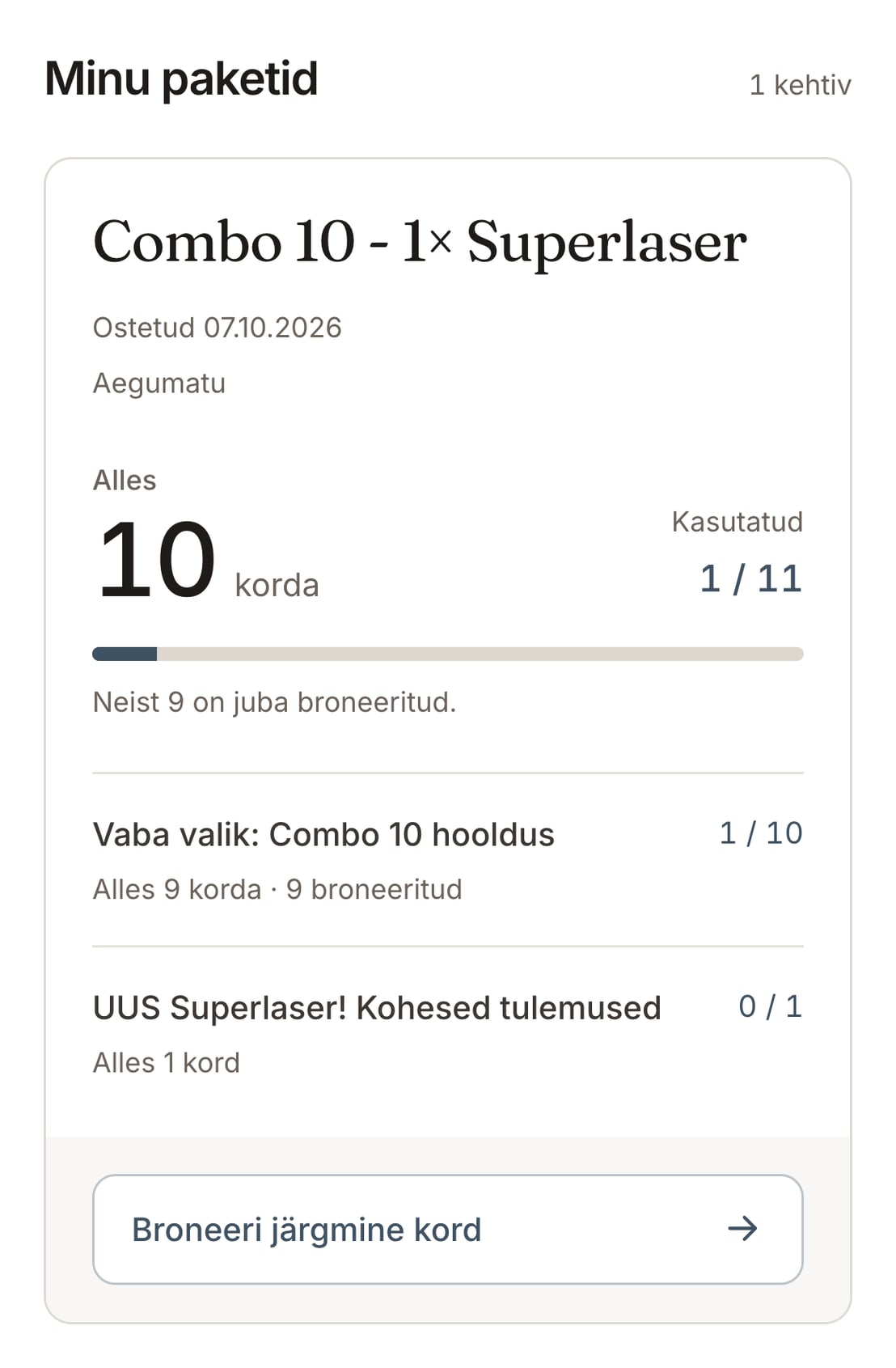 Kliendikonto vaade: Combo 10 pakett. Alles 10 korda, kasutatud 1 / 11, neist 9 juba broneeritud.