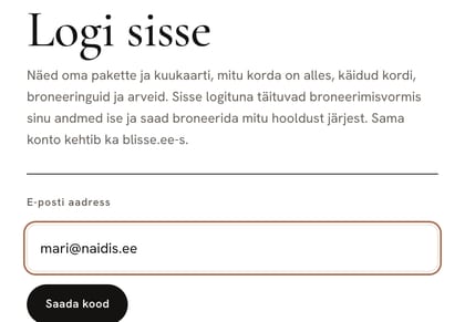 Sisselogimine: e-posti aadressi väli ja nupp Saada kood